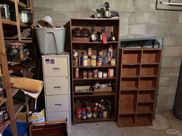 Shelf w/ contents & filing cabinet, #2958